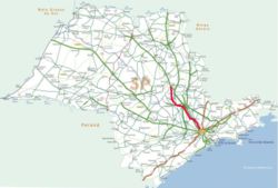 Шоссе Бандейрантов (красный) на карте автодорог штата Сан-Паулу