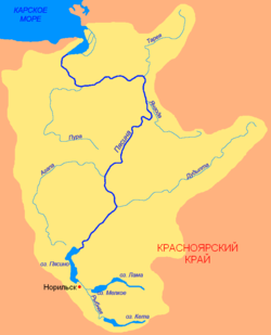 Бассейн реки Пясина. Река Норильская изображена без названия в виде протоки между озёрами около Норильска.