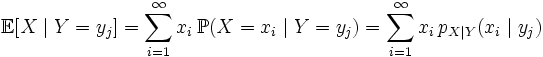 \mathbb{E}[X \mid Y = y_j] = \sum\limits_{i=1}^{\infty} x_i\, \mathbb{P}(X = x_i \mid Y = y_j) = \sum\limits_{i=1}^{\infty} x_i\, p_{X \mid Y}(x_i \mid y_j)