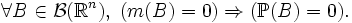 \forall B \in \mathcal{B}(\mathbb{R}^n),\; ( m(B) = 0 ) \Rightarrow ( \mathbb{P}(B) = 0 ) .